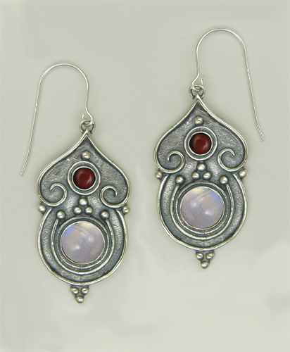 Sterling Silver Gothic Inspired Drop Dangle Earrings With Rainbow Moonstone And Red Tiger Eye